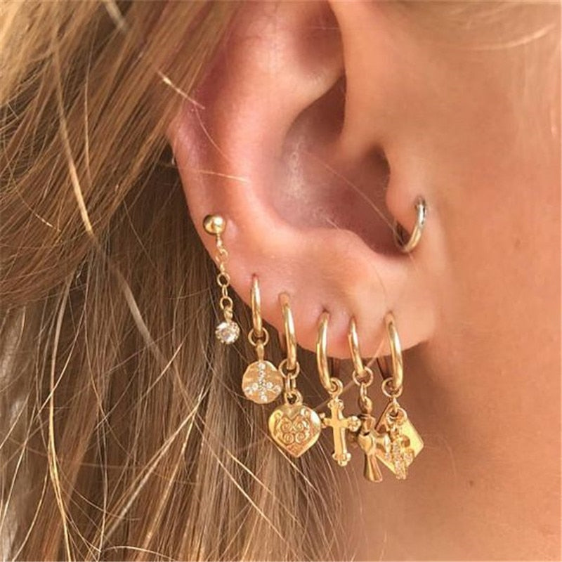 2026 Flatfoosie New Tiny Hoop Earrings For Women Gold Color Cartilage Hoop Earrings Jewelry Heart Cross Star Triangle Charm Earrings