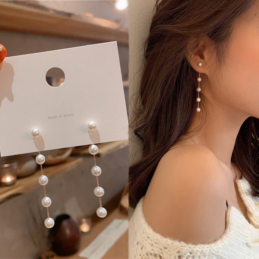 2026 Trend Simulation Pearl Long Earrings Female Moon Star Flower Rhinestone Wedding Pendant Earrings Fashion Korean Jewelry Earrings