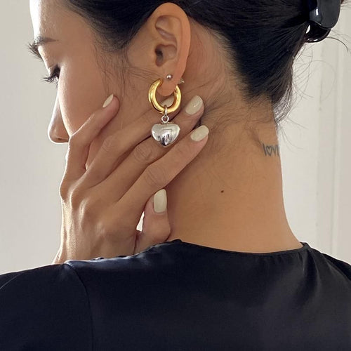 2026 Statement Minimalist Gold Silver Color Mixed Solid Heart Pendant Hoop Earrings Street Style Korean Fashion Jewelry