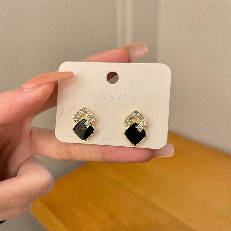 2026 Earrings Asymmetrical Round Hollow Round Black Stud Earrings Rhinestone Accessories For Women pendientes mujer