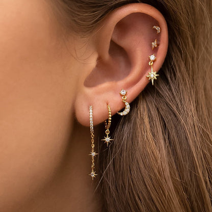 2026 New Design Stainless Steel Cubic Zirconia Chain Hoop Earring For Women Star Moon Pendant Cartilage Earring Piercing Jewelry